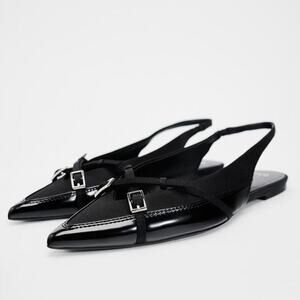 Zara Black SLINGBACK BUCKLED FLAT SHOES Size 7.5
